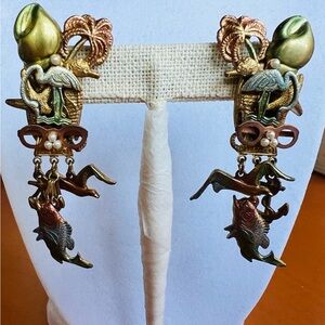 Whimsical Metallic Seaside Themed Artistic Bronze and Green Fun Earrings